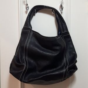 Genuine leather handbag with white threading